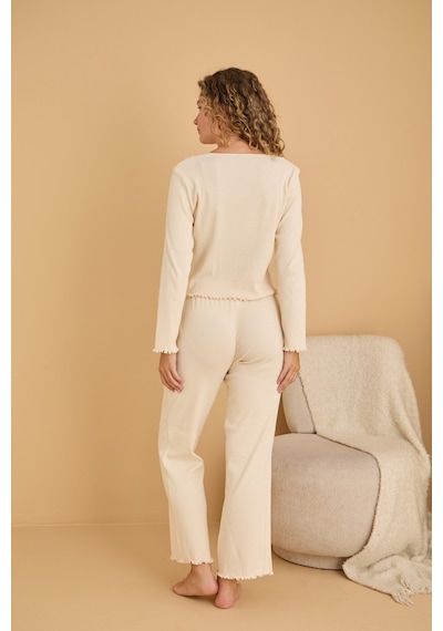 Siyah İnci Pamuklu Dantelli Fitilli Örme Pijama Takım25226005 Ekru