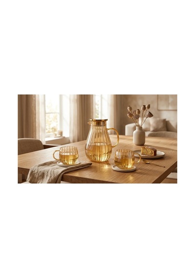 Modern Borosilikat Dilimli 1800 Ml Cam Sürahi Ve 300ml 2li Bardak Çay, Meyve Detoksu Ve Soğuk İçe Şeffaf