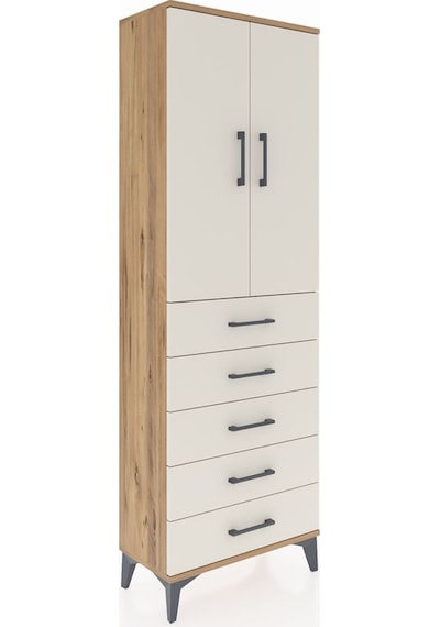 Arges Dolap 3 Raflı 5 Çekmeceli 2 Kapaklı 60x30x182 Çam-aytaşı Çam