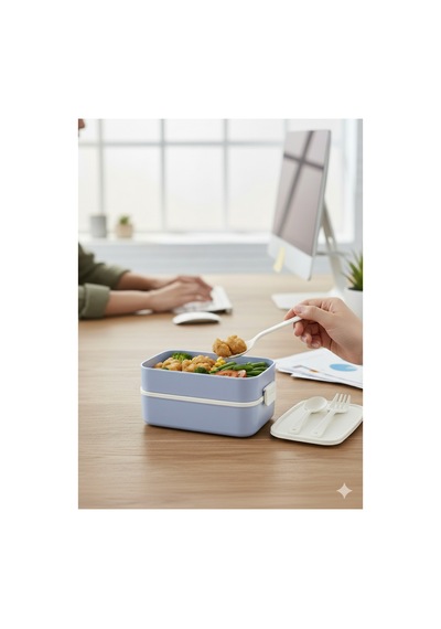 Lunch Box Kendinden Çatal Kaşıklı Estetik 2 Katlı Taşınabilir Yemek Kabı Mavi