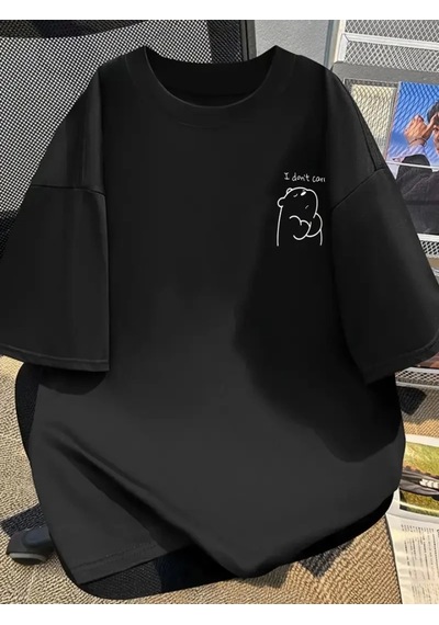 Modi Baskılı Oversize Bisiklet Yaka T-shirt - Siyah - Mymg159021