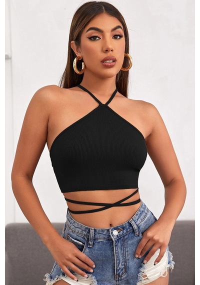 Alfa Aksesuar 03 Kadın Siyah Sırtı Açık Boyundan Çapraz Bağlamalı Crop Top Bluz