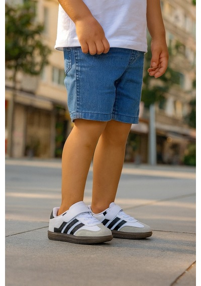 Günlük Unisex Çocuk Sneaker Bağcıklı Hafif Kaymaz Taban Ayakkabı Beyaz - Siyah