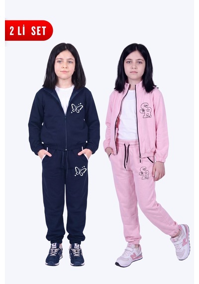 Fyk Kids Kız Çocuk 2'li Baskılı Dik Yaka Çift Cepli Fermuarlı Eşofman Takımı Lacivert-pembe