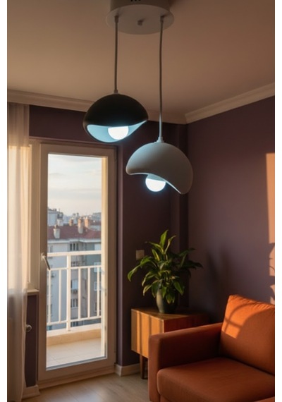 Siyah Ve Gri Dekoratif 2 Li Sarkıt Avize Bohem Beton Görünüm E27e27 Modern Avize Ampul Hediye