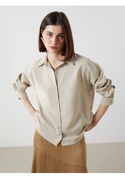 Lcw Vision Bej Oversize Saten Kadın Gömlek
