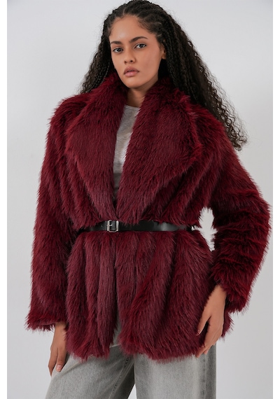 Bigdart Kadın Kemerli Oversize Kürklü Kaban 9156 - Bordo