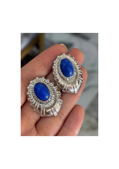 Vintage Model Mavi Taş Ve Metal Çerçeveli Küpe