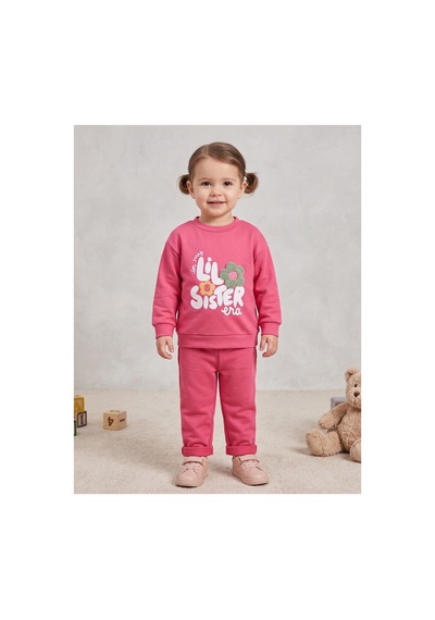 Deniva Kids Kız Çocuk Pembe Çiçek Nakışlı Baskılı Uzun Kollu Alt Üst 2'li Eşofman Takımı