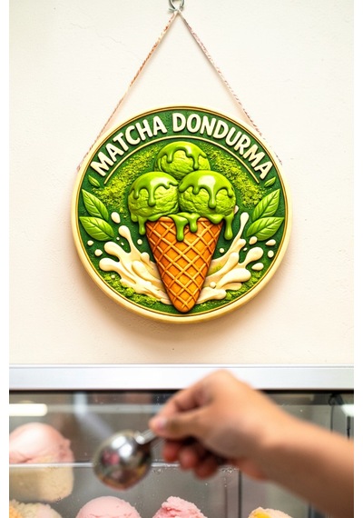 Matcha Dondurma Görselli Ahşap İpli Kapı Duvar Süsü Vegan Cafe Dekoratif Süsü