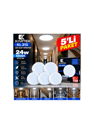 Kartek Kl 213 24w Led Glop Armatür 5'li Paket 6500k Beyaz Işık 35 Cm Sıva Üstü Tavan Armatürü - 941484953 Diğer