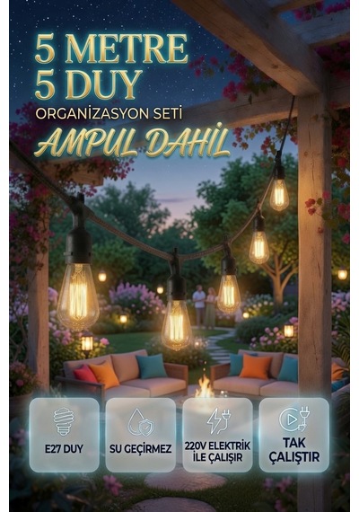 5 Metre 5 Duy Organizasyon Seti St64 4w E27 Ampul Dahil Su Geçirmez 220v Bahçe Teras Festoon Dış Mekan Işık Zinciri Siyah