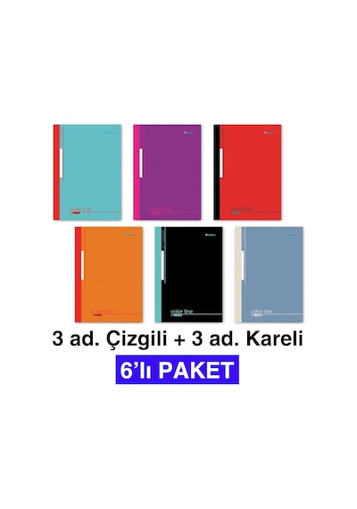 A4 Dikişli Okul Defteri 6 Lı Paket 3 Çizgili + 3 Kareli 60 Yaprak 120 Sayfa