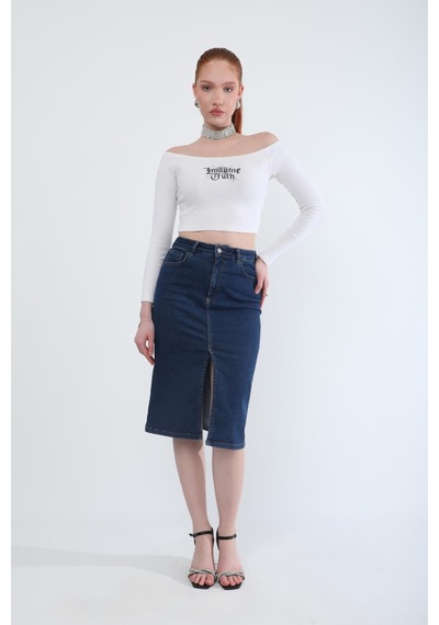 Banny Jeans Önden Yırtmaçlı Likralı Midi Jean Etek Koyu Mavi Xs