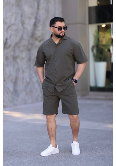 Koyu Haki Renk Gömlek Şort Erkek Keten Takım Oversize Kalıp