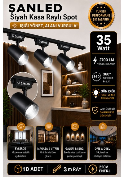 Led Siyah Kasa Beyaz Işık 35w Raylı Spot / 10 Adet 3 Metre Ray