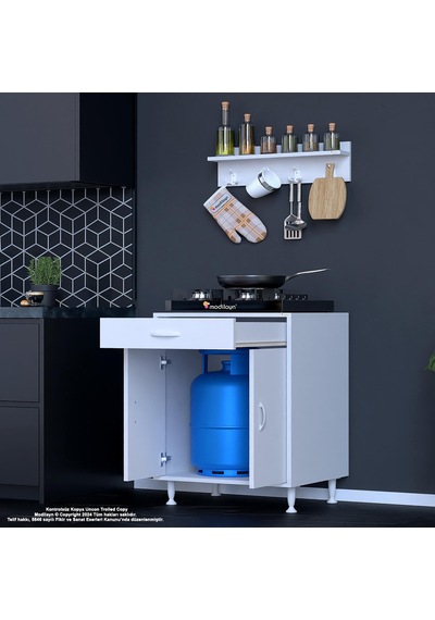 Modilayn Birce M Set Ocak Altı Dolabı 60x88x56 Cm Tüp Bölmeli Ve Üst Baharat Raflı Beyaz