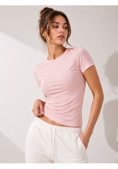 Polymood Kadın %95 Pamuk Vücuda Oturan Tam Boy Slim Fit Likralı T-shirt Açık Pembe