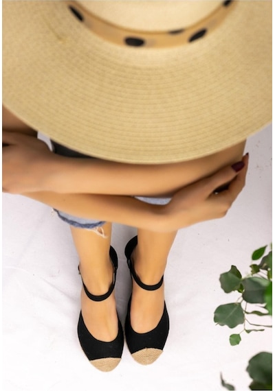 Star Tombis Gerçek Elişi Burnu Hasırlı Keten Siyah Espadril Dolgu Topuk Handmade Siyah
