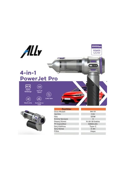 Ally Powerjet Pro 20000pa Güçlü Portatif 3 Kademeli Tasinabilir V