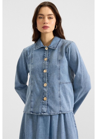 Olcay Metal Düğmeli Etek Ceket Denim İkili Takım Açık Mavi 9400-tk