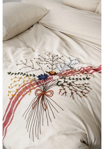 Ecocotton Charla Çift Kişilik Nevresim Takımı %100 Organik Pamuk Kenevir Karışımlı Ekru-kırmızı 200x220 Cm-1206