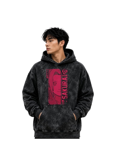 Sevbano Sakura Haruno Naruto Anime Baskılı Unisex Oversize Yıkamalı Premi Siyah