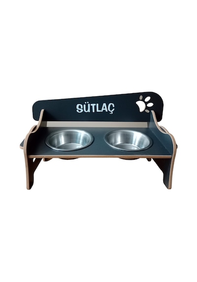 Özel İsimli, Ahşap, Kademeli, Eğimli, Çelik Kaseli, Kedi-köpek Mama Ve Su Kabı Stantı -2 350 Ml