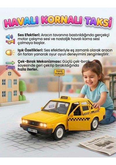Nostaljik Havalı Kornalı Oyuncak Taksi - Sesli Ve Işıklı Çek-bırak Taksi Sarı Oyuncak Araba