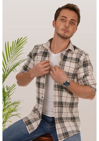 Krem Oduncu Slimfit Erkek Gömlek Krem