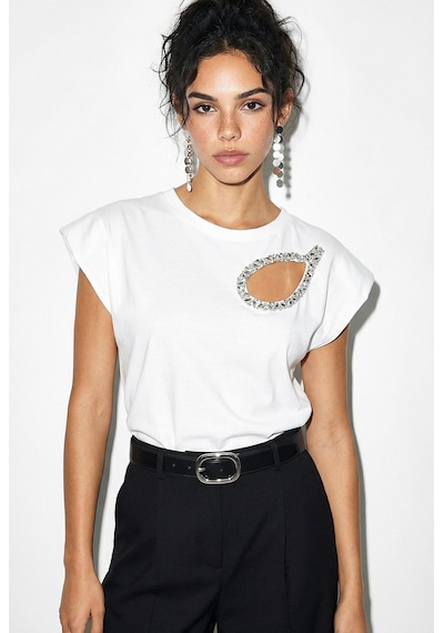 Shade Kadın Taş İşlemeli Vatkalı Omuz Detaylı Pamuk T-shirt 1075 60286066 - Beyaz L