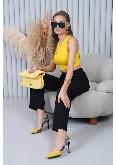Polologin Butik Beli Bağcıklı Yüksek Bel Bol Paça Siyah Pantolon Siyah