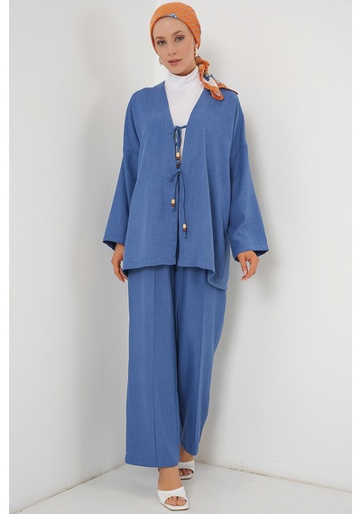 Bigdart Kadın Keten Kimono İkili Takım 6727 - İndigo