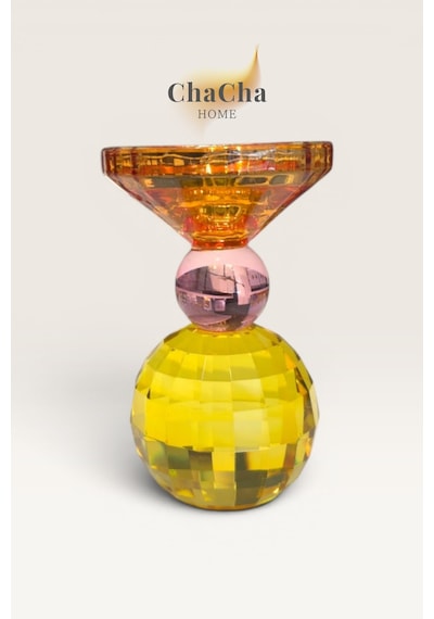 Chacha Home Crsyball Renkli Kristal Mumluk - Dekoratif Cam Şamdan- Büyük Boy - 17x31 Cm Sarı-turuncu