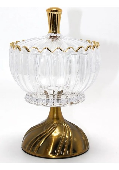 Jenerik Metal Ayaklı Kristal Cam Şekerlik Gold Detaylı Sunumluk Alk4871
