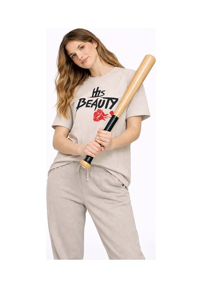 Sevgili Kombini Her Beast His Beauty Oversize Çift Tişört Unisex Bej