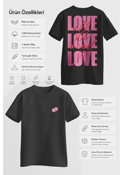 Spoyi Love Mood Tasarımlı %100 Pamuk Yarım Oversize Siyah T-shirt