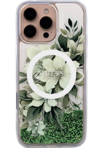 Apple iPhone 16 Pro Max Uyumlu Kılıf Guess Lisanslı Magsafe Özellik Sıvılı Simli Çiçek Desen Yeşil