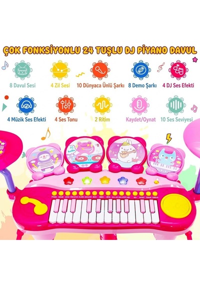 Mikrofonlu Işıklı Sesli Çocuk Oyuncak Piyano Davul Seti - Tabureli 24 Tuşlu Eğitici Müzik Aleti