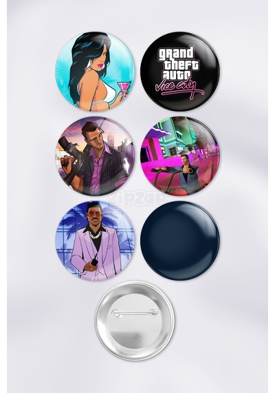 Gta Vice City Video Oyun Bilgisayar Oyunu Çanta Süsü Rozet İğneli Buton Rozet Seti 6 Adet Çok Renkli