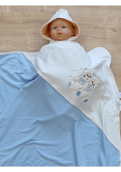 %100 Pamuklu & Mevsimlik Bebek Battaniyesi - Kahverengi & Ayıcık Nakışlı Bebek Örtüsü 80x90 Cm Mavi