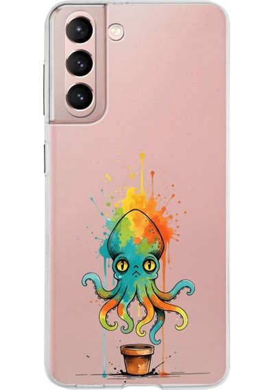 Samsung Galaxy S21 İle Uyumlu Splash Ahtapot Tasarımlı Şeffaf Silikon Kılıf Şeffaf