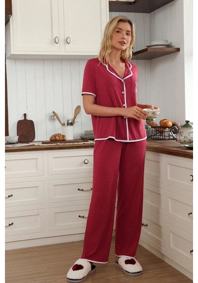 Bella Notte Bordo Düğme Ve Kalp Detaylı Kısa Kollu Pijama Takımı