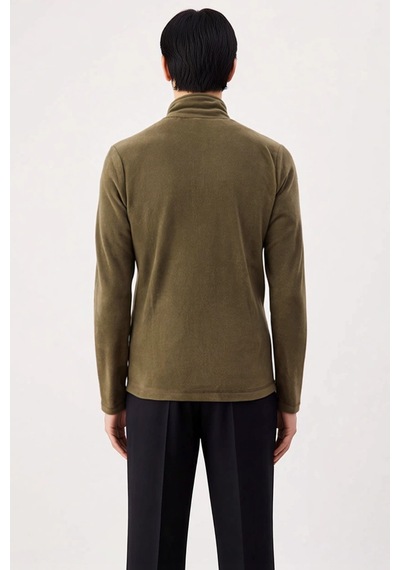 Benerly Erkek Dik Yaka Standart Kol Fermuarlı Polar Sweatshirt Fonksiyone Haki