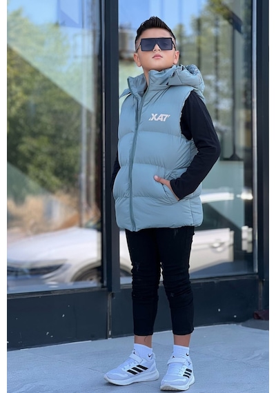 Pina Kids Erkek Çocuk Baskılı Çıkarılabilir Kapüşonlu Şişme Yelek 3017 Mint Yeşili