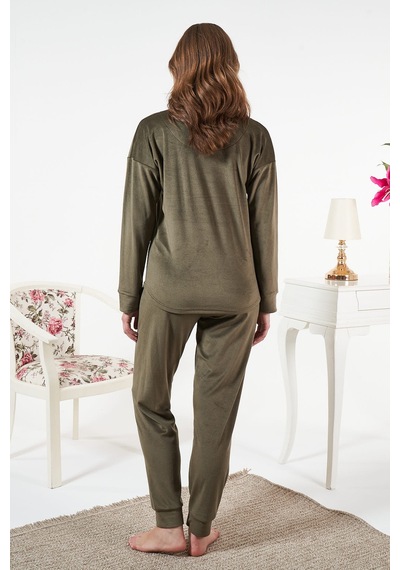 Remsa Kadın Kadife Baskılı Pijama Takımı 25382 Haki Haki
