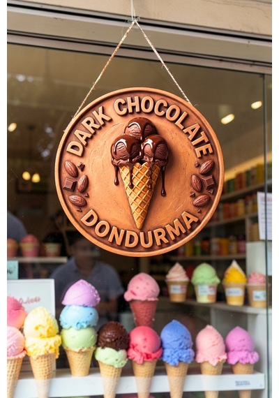 Dark Chocolate Dondurma Görselli İpli Ahşap Kapı Ve Duvar Süsü, Cafe, Dondurmacı Tabelası Dekoru