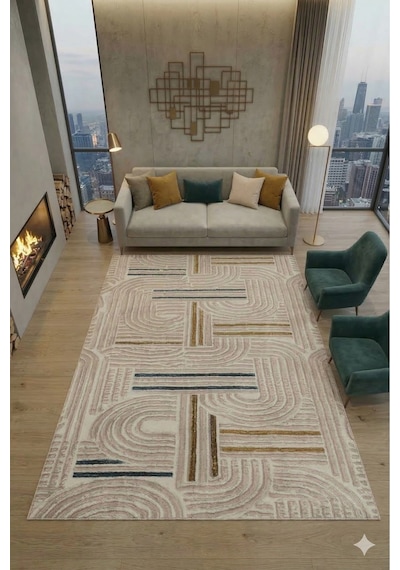Salon Halısı Bej Kabartmalı Geometrik Desenli Fch3012 Multi