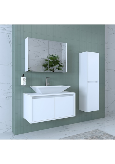 Banos Banyo Roomart Lavabolu Mat Beyaz Mdf 85 Cm Banyo Dolabı+Ayn Mat Beyaz