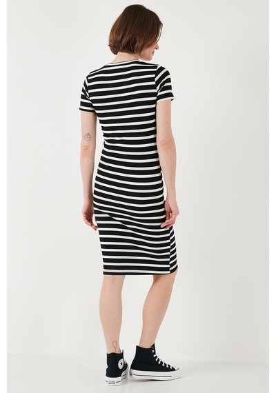 Lela Slim Fit Çizgili Pamuklu Bisiklet Yaka Kısa Kollu Midi Bayan Elbise 5865700 Siyah-Beyaz